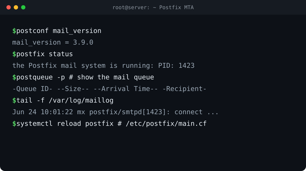 محیط خط‌فرمان Postfix؛ وضعیت سرویس و صف ایمیل