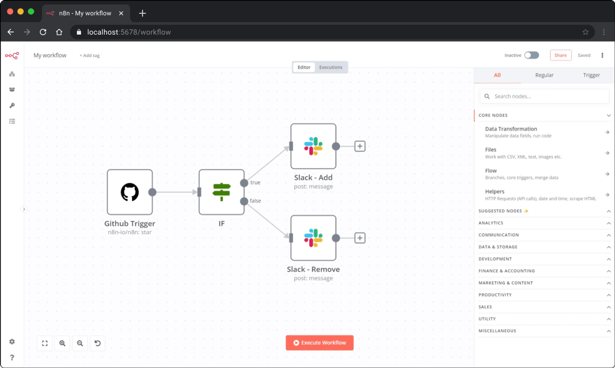 محیط n8n: یک گردش‌کار روی بوم به‌همراه پنل نودها (Github Trigger، شرط IF و ارسال به Slack)