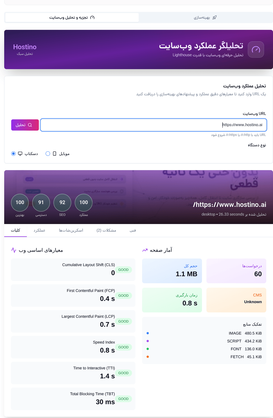 تحلیلگر عملکرد وب‌سایت در پنل هاستینو با گزارش Core Web Vitals مبتنی بر Lighthouse