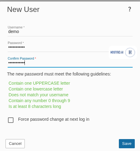 پنجرهی New User در SmarterMail برای ساخت اکانت ایمیل؛ نام کاربری، رمز عبور و قوانین رمز