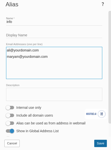پنجرهی ساخت ایمیل مستعار (Alias) در SmarterMail؛ نام مستعار و آدرسهای مقصد و گزینههای تحویل