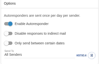 پنل Options پاسخ خودکار در SmarterMail؛ Enable، Disable responses to indirect mail، Only send between certain dates و Send To