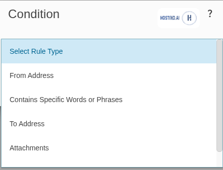 انتخاب نوع شرط در Content Filtering؛ From Address، Contains Specific Words، To Address، Attachments
