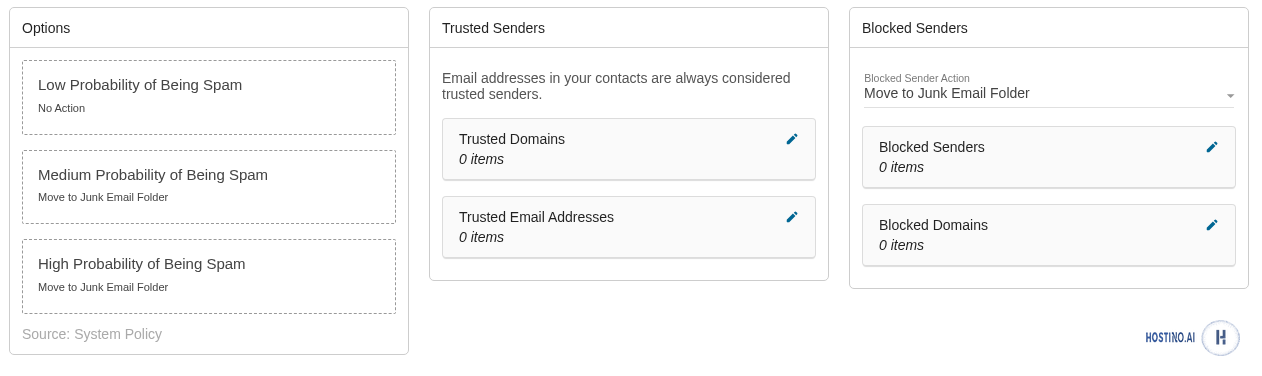 صفحهی Spam Filtering در SmarterMail؛ Options با سطوح احتمال اسپم، Trusted Senders و Blocked Senders
