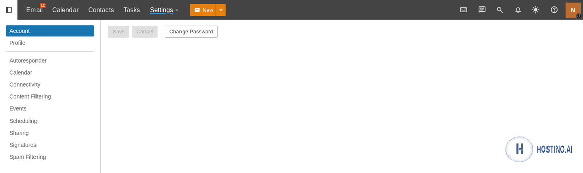 بخش Account در تنظیمات SmarterMail و دکمه Change Password